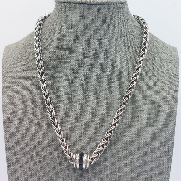 Necklace Silver Toned Wheat Braid Chain Hook Closure Barrel Black Clear Crystal - Picture 3 of 7